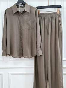 Linen Shirt And Pants Set (2 Pieces), Lined With Elastic. - 深咖色 - 查看 3