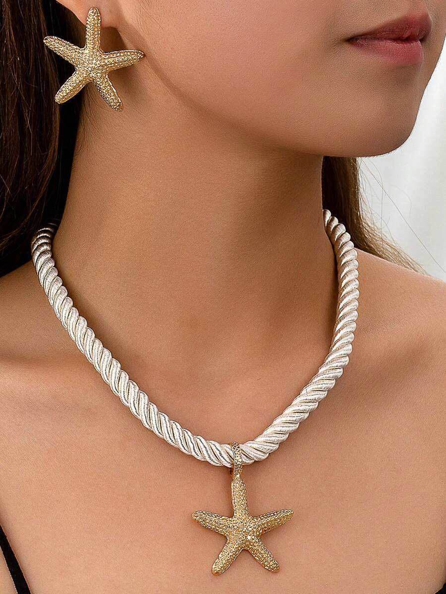 Women's Jewelry Set, Starfish Shaped Bohemian Style Necklace And Earrings Set, Suitable For Daily Wear And Vacation - Yellow Gold - View 1