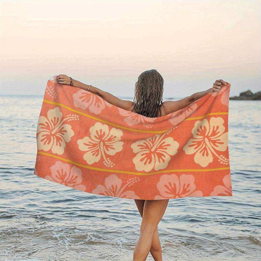 A Hibiscus Flower Printed Beach Towel That Enhances The Romantic Atmosphere By The Sea, Quick-Drying And Super Absorbent, Lightweight, Made Of Ultra-Fine Fibers, Perfect For The Beach, Travel, Camping - White - View 1
