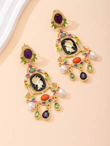 一对复古肖像彩色宝石耳环，巴洛克珐琅珍珠流苏吊坠耳环，小众奢华夸张耳环，适合正式场合、工作场所、派对等，百搭 - 彩色 - 查看 6