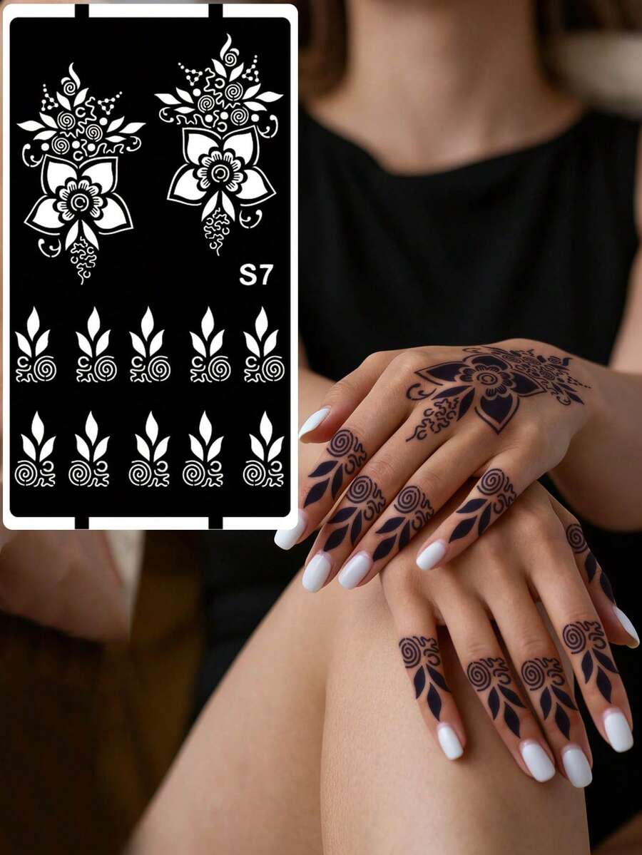 Hana手绘镂空花卉纹身模板 - 性感花卉图案,适用于手部、DIY绘画、墨水,可重复使用的曼陀罗设计模板贴纸,适合女性身体派对妆容 - 黑色 - 查看 1