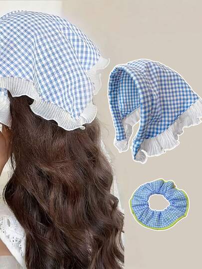 2pcs Blue Plaid Bandana, Lace Headband & Scrunchie Set, Minimalist Fashion Casual Elegant Kawaii Summer Accessories, Versatile Hair Decoration For Daily, Holiday, Wedding