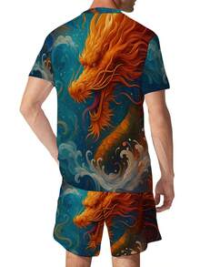 Ensemble 2 pièces pour hommes avec motif dragon, chemise à manches courtes et shorts, tenue de sport, respirante et séchage rapide, convient aux loisirs quotidiens et aux activités de plein air. - Couleurs mélangées - Voir 4