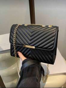 Fashionable Solid-Color Quilted Chain Shoulder Bag.Summer Bag.Black Bag - Black - View 3