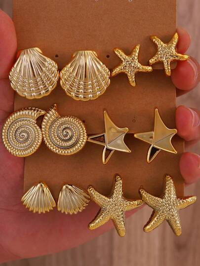 2-6对海洋系列耳环，女士复古金色贝壳星形耳环套装，海滩风必备配饰