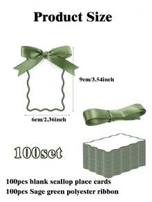 12/36/100张扇贝形姓名卡套装，DIY婚礼桌卡，含缎带，包含姓名卡和缎带，适合婚礼派对用品（鼠尾草绿） - 查看 8
