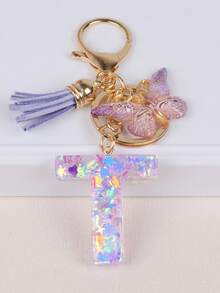 Cute Yarn Pom Pom Sequin Letter A-Z Resin Tassel Keychain, Wallet & Handbag Charm, Chain Backpack Pendant, Car Hanging Ornament, Girl Gift, School & Car Accessories, Gothic Y2K - Purple - View 17