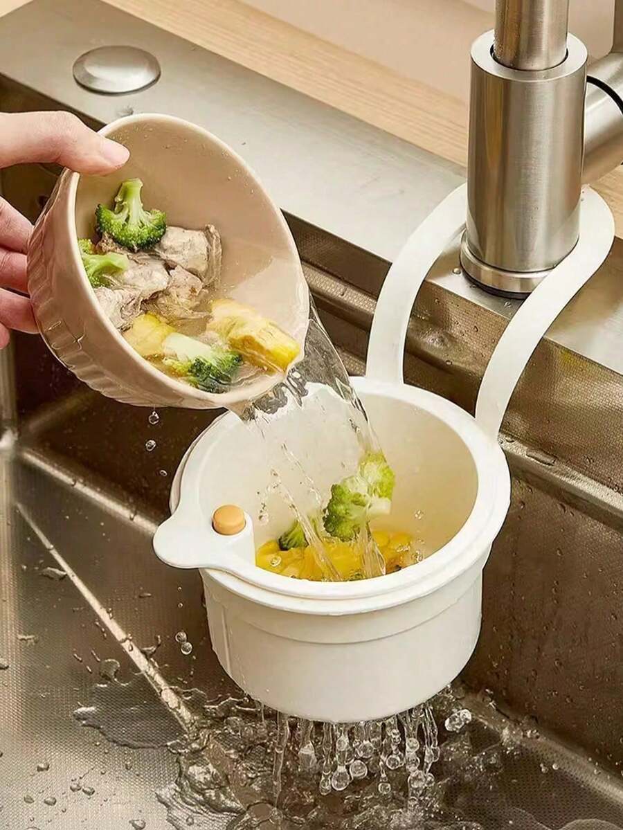 1个自清洁按压式水槽滤网，自动排水食物垃圾过滤篮，底部可拆卸，用于过滤厨房垃圾，安装简便，适合现代厨房设计，母亲节、父亲节礼物，厨房配件