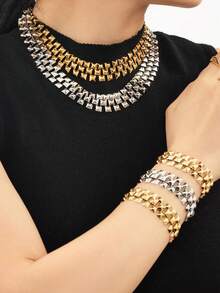 一套欧美流行金金字塔镶钻项链 | 18K镀金朋克粗链 | 嘻哈风格多层颈链 - 龐克風鉚釘首飾 - 查看 7