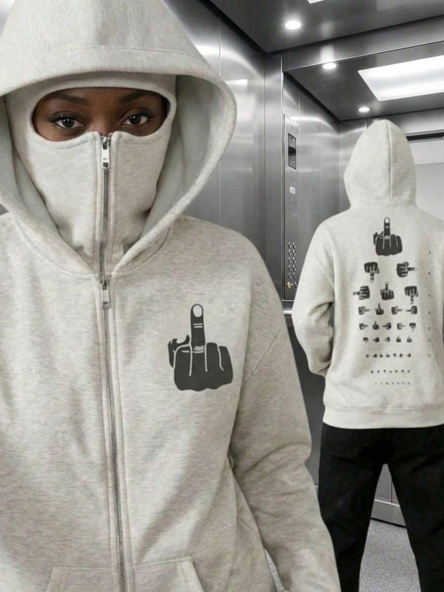 超大长款拉法帽,趣味印花,可遮住脸部和头部;女士拉链连帽衫,带口袋,内衬抓绒,适合秋冬春季穿着;适合度假/上学/居家/日常/街头/拍照等场合;简约/Y2K/休闲/学院风/街头风/办公风/可爱/性感风格;女士秋冬/圣诞节/新年穿搭;外套;时尚俏皮 - 淺灰色 - 查看 1