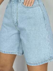 Quần short Bermuda denim dáng rộng, màu trơn, có túi, thích hợp cho nữ mùa hè. - Rửa nhẹ - Xem 4