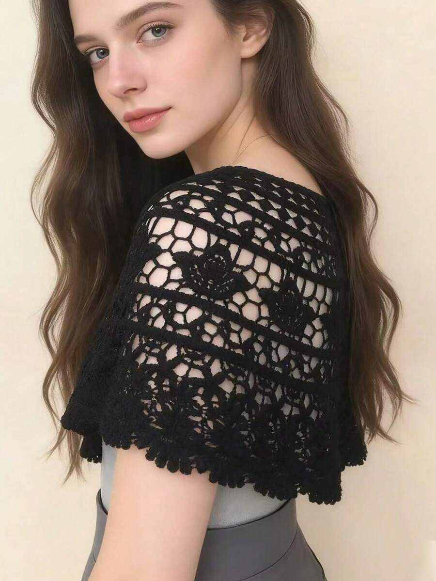 Hollow Out Shawl, Elegant Solid Color Breathable Shawl, Casual Cloak, Decorative Shawl, Suitable For Party, Ball, Wedding, Bridal Shawl, Bohemian Style Random,Accessories,Holiday - High-end Black - View 1