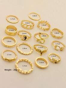 Bộ 16 nhẫn đốt ngón tay Bát Quái cổ điển, Mặt trời, Mặt trăng, Rắn, Lá, Hoa - Vàng - Xem 4