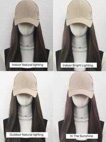 女士直发棒球帽假发，带长发接发，合成长直发假发帽，可调节棒球帽假发 - 彩色 - 查看 10