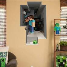 Minecraft 新款3D墙贴 - 自粘式，即撕即贴，防水游戏主题装饰壁画，适用于卧室和宿舍，MC像素艺术墙贴 - 均碼 - 查看 1