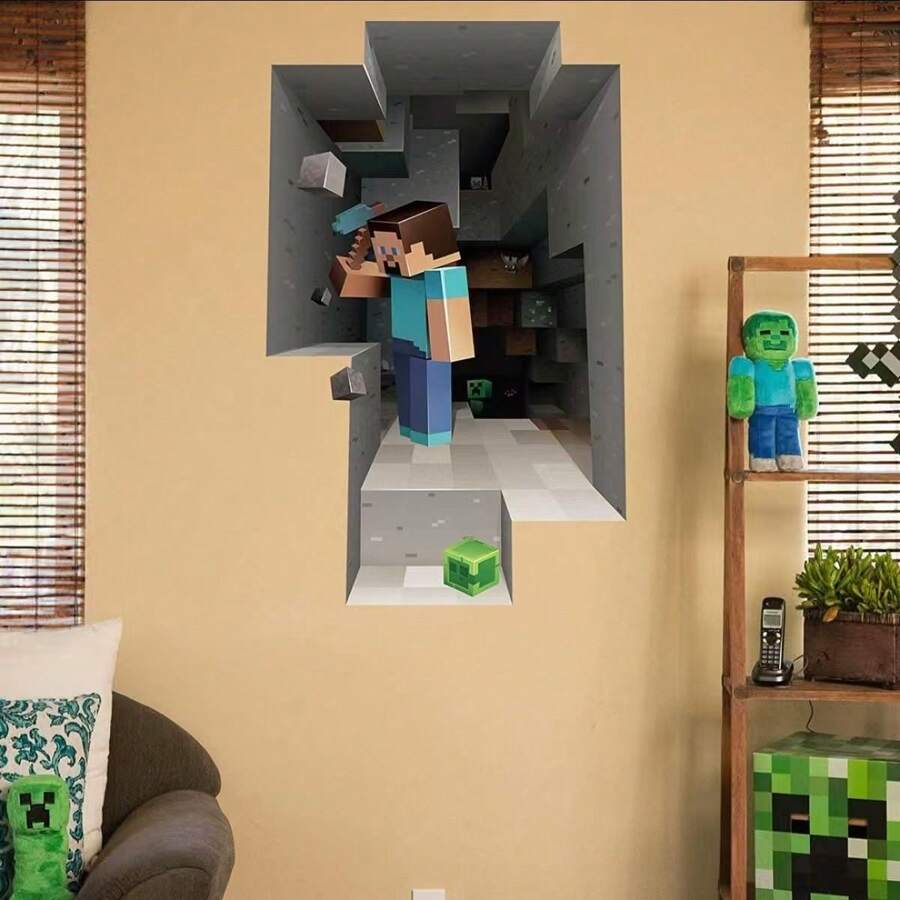 Minecraft 新款3D墙贴 - 自粘式，即撕即贴，防水游戏主题装饰壁画，适用于卧室和宿舍，MC像素艺术墙贴 - 均碼 - 查看 1