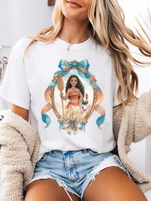 Disney-Style Women's Printed T-Shirt Featuring A Vintage Moana-Inspired Royal Court Illustration As The Cartoon Print Background. This Round-Neck Summer Top Is Crafted From Soft, Comfortable 100% Cotton Fabric, Perfect For Everyday Wear, Outdoor Activities, Or Shopping. It Also Makes An Ideal Choice For Women's Vacation Attire. - White - View 1