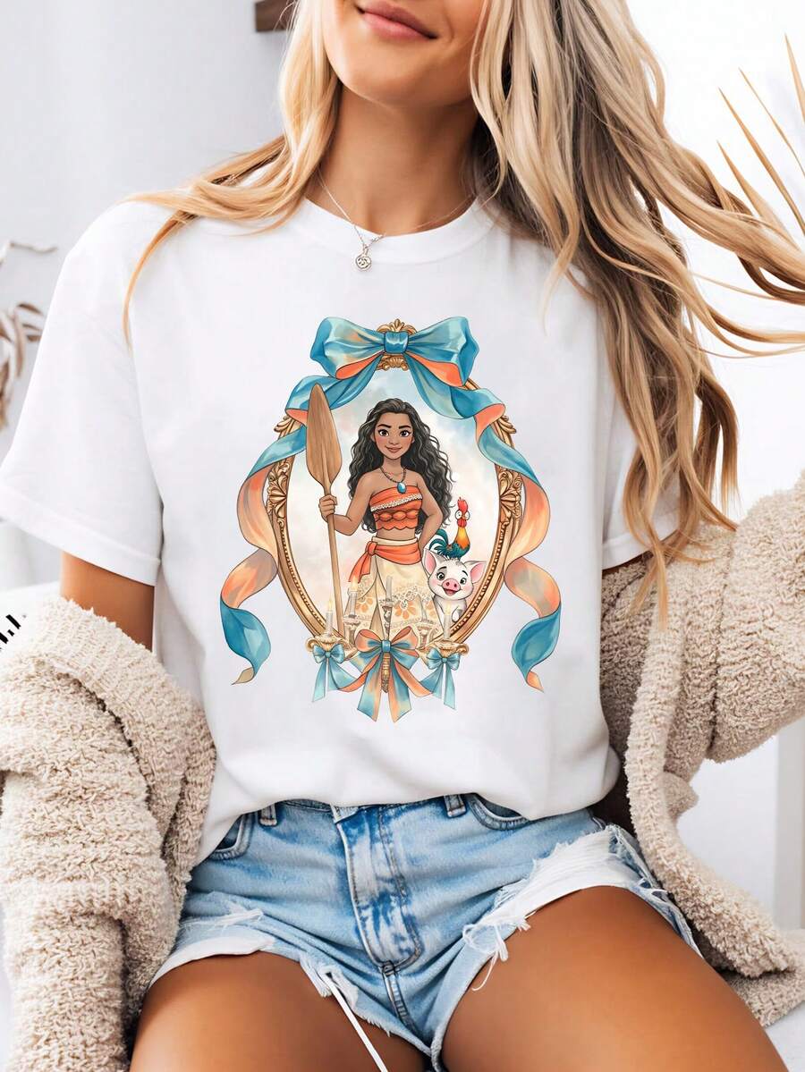 Disney-Style Women's Printed T-Shirt Featuring A Vintage Moana-Inspired Royal Court Illustration As The Cartoon Print Background. This Round-Neck Summer Top Is Crafted From Soft, Comfortable 100% Cotton Fabric, Perfect For Everyday Wear, Outdoor Activities, Or Shopping. It Also Makes An Ideal Choice For Women's Vacation Attire. - White - View 1