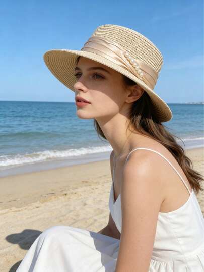1pc Pearl Straw Hat, Women's Fashionable Elegant Sun Protection Hat, Suitable For Spring/Summer Beach Vacation, Wide Brim Casual Sunhat