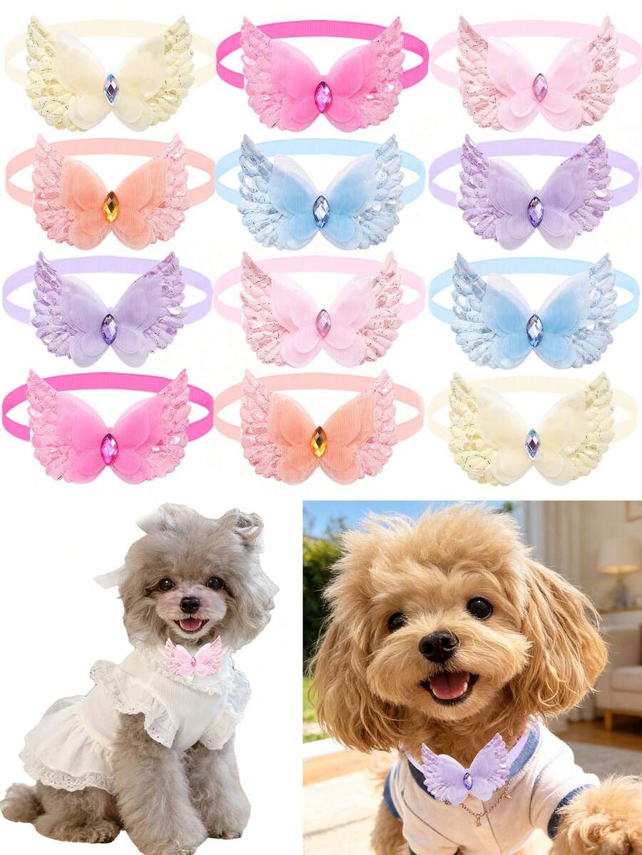 3/10pcs Spring Cute Pet Lace Crystal Wings Pet Tie, Lightweight Mesh+Sparkling Diamond Embellishment, Beautify Strolling/Party/Spring Outing Happy Baby, Adding Points To Mao's Spring Vitality Dressing - Multicolor - View 1
