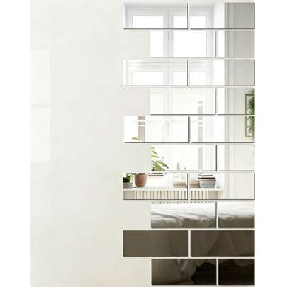 18pcs Self-Adhesive Mirror Tile/Indoor Mirror Sticker, "Brick" Style, 6 X 15cm, Decorative Wall Sticker/Indoor Wall Mirror, Rectangular
