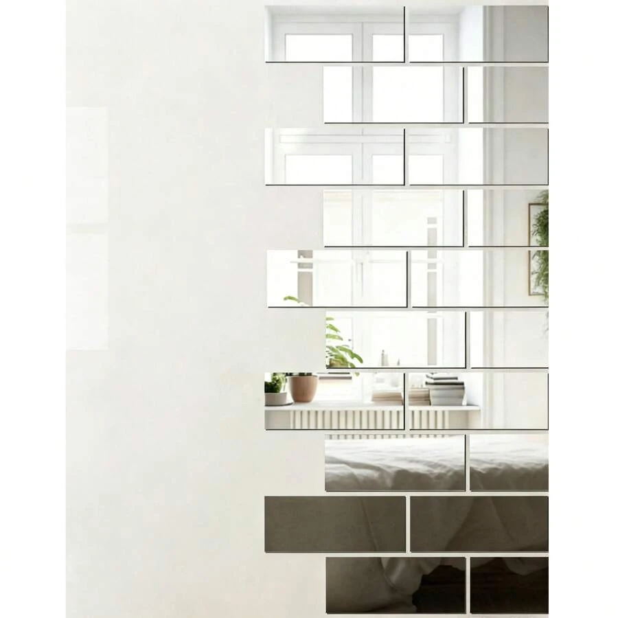 18pcs Self-Adhesive Mirror Tile/Indoor Mirror Sticker, "Brick" Style, 6 X 15cm, Decorative Wall Sticker/Indoor Wall Mirror, Rectangular