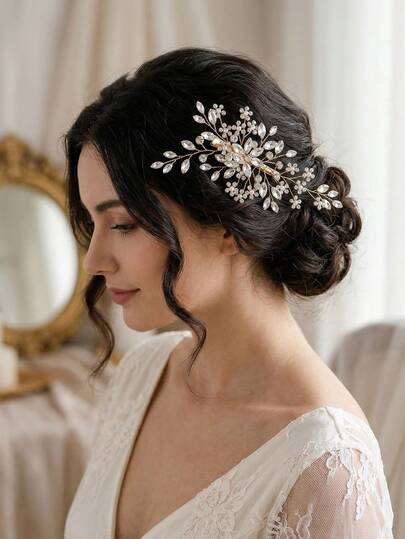 1件复古奢华水晶发夹，手工花朵珍珠侧夹，闪亮发饰，适合派对、婚礼、拍照等场合