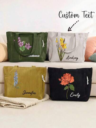 Mother's Day Gift. A Gift For Mom. Personalized Name, Birthday, And Floral Corduroy Tote Bag, Large Capacity Zippered Commuter Tote Bag With Side Pockets, Birthday Gift.