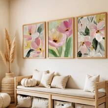 Pôster de parede com flores coloridas em tons neutros - Impressões de pinturas a óleo de plantas silvestres em tons pastel, pôsteres em tela adequados para decoração de sala de estar, quarto e banheiro - Flores silvestres suaves e discretas - Presente decorativo para espaços modernos. Moldura opcional. - Múltipla escolha - Ver 2