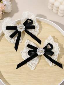 2pcs White Lace Girls Hair Accessories Elegant Pearl Flower Bow Hair Clips Black Velvet Bow Hair Clips With Tail Rhinestone Hair Clips For Daily And Wedding Children Hair Accessories - Black - View 10