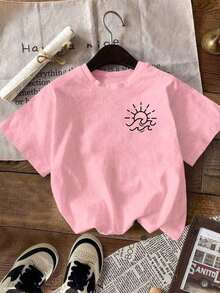 Plus Size Women Summer Casual Vacation Daily Commute Simple Drawing Sun Wave Letter Print Loose Fit T-Shirt Comfy Sets Summer Women Summer Lounge Set Cute Summer Sets Summer Clothes Set Summer Matching Set-New Minimalist-Style Summer And Autumn Apparel - 粉色 - 查看 4