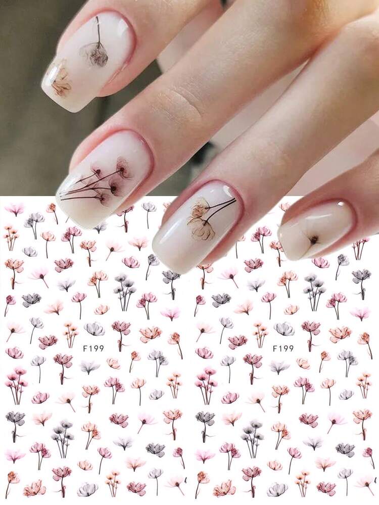 3D Watercolor Flower Nail Stickers 2pcs Gradient Blooming Ink Exquisite Petals Leaves Spring Summer Floral Print Design - DIY Elegant Fashion Romantic Self-Adhesive Gel Polish Salon Decals Slider Nail Decoration Nail Supplies - Multicolor - View 9