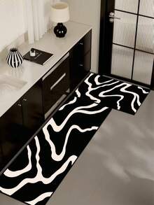 1pc Black Silica Gel Kitchen Mat With Flowing White Asymmetrical Curved Line Texture, Abstract Art Feeling, Luxurious And Fashionable, Cushioning Anti-Fatigue Kitchen Carpet With Surface Fabric, Middle Sponge Absorbent Material, And Non-Slip Rubber Bottom - Multicolor - View 2