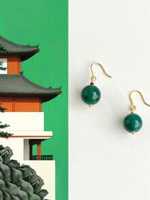 1 Pair Of Handmade Round Natural Stone Pendant Earrings, Suitable For Ramadan, Eid Al Fitr Activities, And Women's Daily Wear Essentials, Small And Cute Women's Earrings - Multicolor - View 2