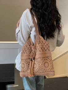 Handmade Crochet Beach Vacation Style Casual Women Shoulder Bag - Khaki - View 6