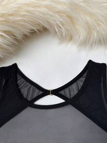 Women's 2-Piece Sheer Mesh Lingerie Set, Sleeveless Hollow Out Dress With Thong And Garter Belt, Sexy Back Buckle Design - Black - View 6