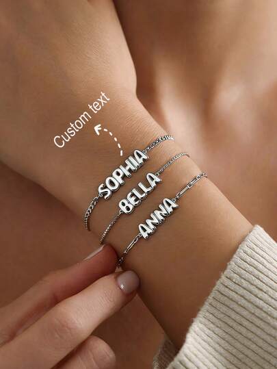 1 pieza Pulsera personalizada con letra de burbuja Joyería de mano con letra de globo 3D Material de acero inoxidable Joyería personalizada para mujer Pulsera de boda y novia Regalo para dama de honor Mejor opción Joyería sencilla y elegante Adecuada para uso diario Aniversario Fiesta Banquete Vacaciones Ceremonia de graduación Día de la Madre Día de San Valentín Regalos de Navidad