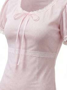 法式花瓣袖蝴蝶结短袖T恤，女士夏季款，纯甜美辣妹蕾丝U领独特上衣，粉色 - 粉色 - 查看 8