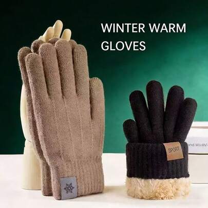 1 Pair Winter Warm Knitted Gloves, Thick Thermal Lined Wool Knit Riding Gloves, Winter Windproof Touchscreen Gloves For Women, Thick Thermal Lined Knit Gloves, Soft Fabric Warm Knit Riding Gloves, Windproof Thick Thermal Lined Warm Knit Wool Gloves, Snow Gloves