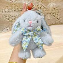 可爱柔软的毛绒兔子，带领结钥匙扣，长耳朵可爱兔子玩偶包包挂饰，装饰品，儿童玩偶，情侣背包挂件，复活节派对礼物 - 15cm - 查看 13
