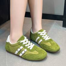 2026年春季新款女士休闲平底复古运动鞋，百搭系带运动鞋 - 綠色 - 查看 2