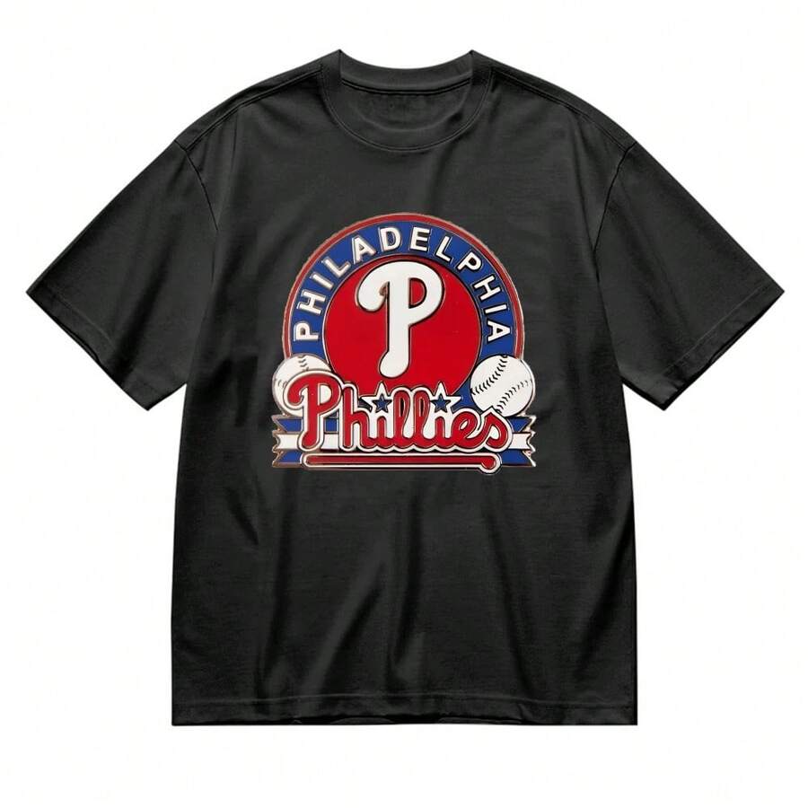 Men's Cotton Short Sleeve T-Shirt Round Neck Baseball Team Graphic Tee Philadelphia Phillies Logo Design For Sports Fans And Game Day Wear Comfortable Breathable Fabric Perfect For Watching Baseball Matches Supporting Favorite Teams At Stadiums Or Casual Outfits During Summer Events And Outdoor Activities - 黑色 - 查看 1