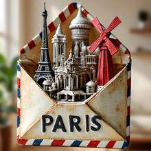 Carta de París: Imán de refrigerador con forma de sobre con iconos apilados y solapa de sobre, Torre Eiffel - Romance sellado en tu refrigerador - B - Ver 1