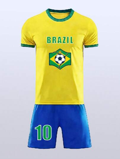 Men's Summer Fashion Football Themed Sports Outfit, Outdoor Casual Breathable Quick-Dry Set
