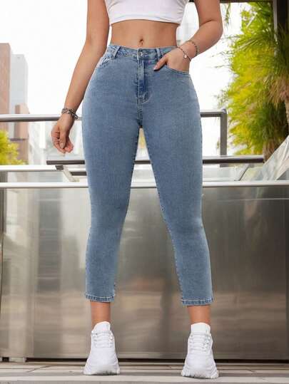 Pantalones vaqueros ajustados de color azul con diseño liso y cintura alta, elásticos en las piernas, Jeans para mujer, ropa de mujer. versátiles con cierre de botón , bolsillos tipo slash para un look casual