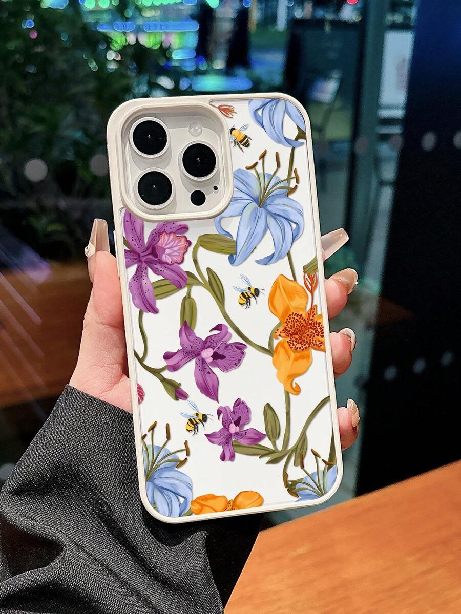 1 Piece Of Flower Bee Design Pattern Phone Case Suitable For IPhone 17 Pro Max/17 Pro/16 Pro Max/16 Pro/16/15 Pro Max/15 Pro/15/14 Pro Max/14/13 Pro Max/13 Pro/13/12 Pro Max/12 Pro/12/11 Series - White - View 1