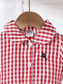 Vestido de manga corta con cuello redondo, estilo colegial, versátil y lindo para salidas de primavera/verano, con bordado y rayas para niñas bebé - Rojo - Ver 4