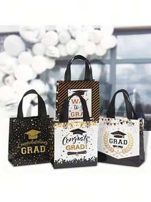 12pcs Graduation Non-Woven Tote Bags, Black & Gold Color, Reusable, Printed With Gold "Congratulations Graduate" Text, Handles, Graduation Party Decor, Gift Bags, Graduation Party Supplies, Small Gifts, Seasonal Decor, Gift Packaging Bags - Graduation Season Gift Bags - View 7