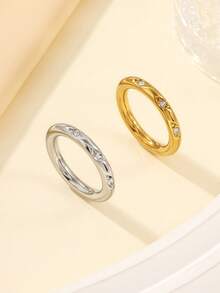 Bộ 2 chiếc nhẫn thép không gỉ kiểu dáng tối giản màu vàng và bạc, đính đá pha lê trắng, thích hợp cho nữ đeo hàng ngày hoặc làm quà tặng. - Nhiều màu - Xem 6