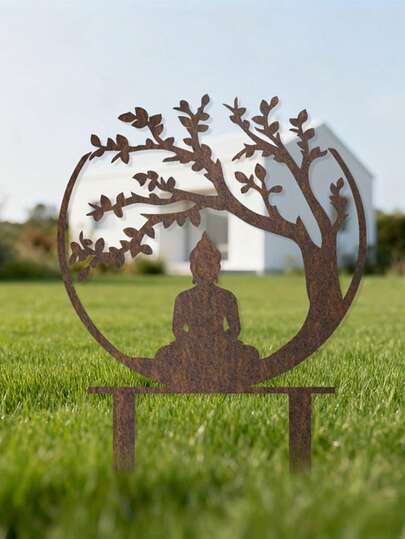 1pc Zen-Inspired Rusty Metal Buddha & Tree Of Life Garden Stake, Vintage Yard Lawn Ground Spike, Flower Bed Meditation Garden Decor, Easy Installation, Countryside Style Outdoor Decoration